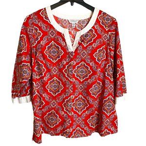 Croft & Barrow Women’s 1X Cotton Top – Red Paisley Print Blouse Vacation Boho